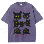 Unisex Black Cat Printed Washed Tee