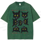 Unisex Black Cat Printed Washed Tee