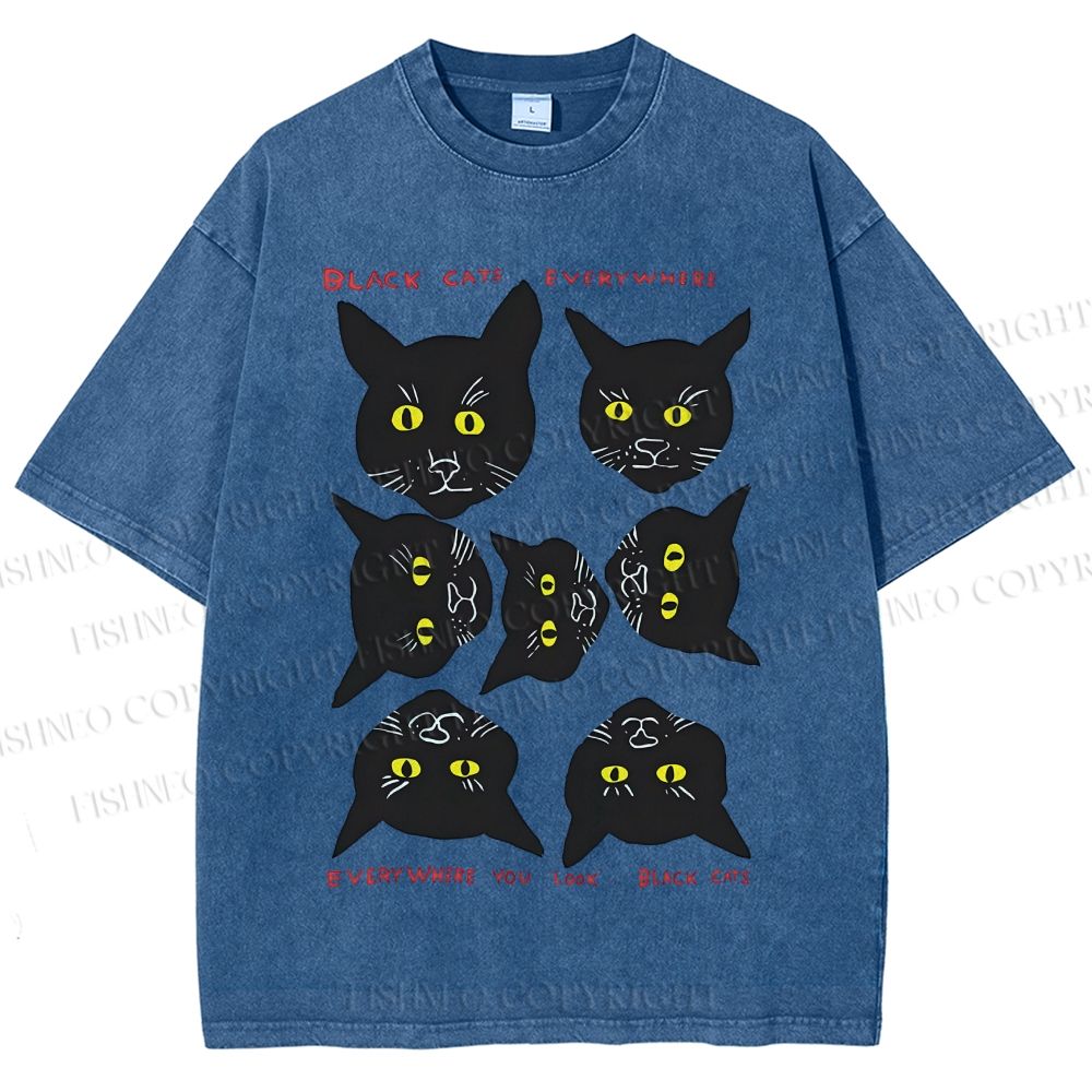 Unisex Black Cat Printed Washed Tee