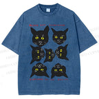 Unisex Black Cat Printed Washed Tee