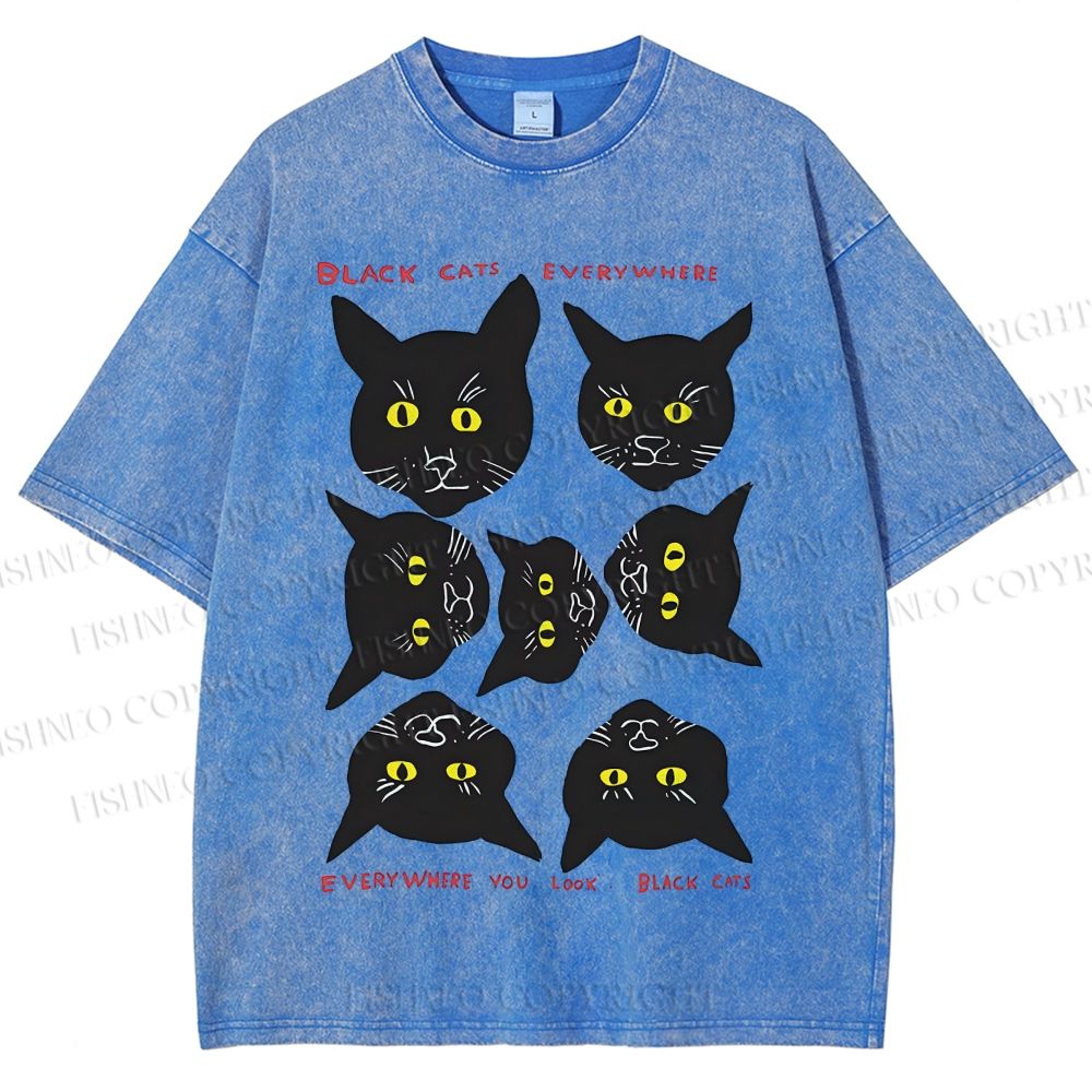 Unisex Black Cat Printed Washed Tee