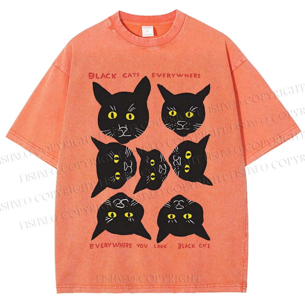 Unisex Black Cat Printed Washed Tee