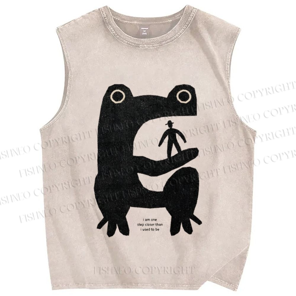 Unisex One Step Closer Frog Printed Washed Tank Top