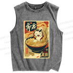 Unisex Ramen Cat Printed Washed Tank Top