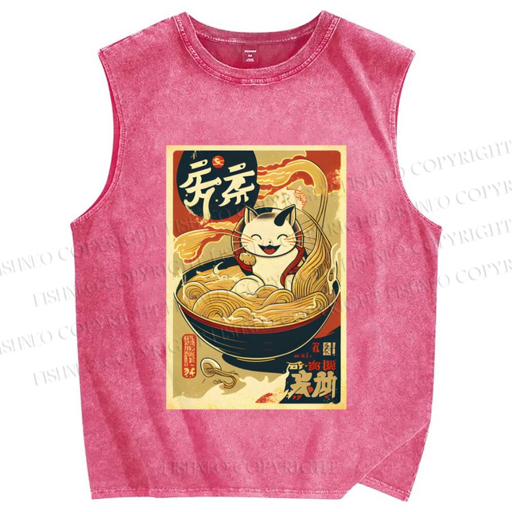 Unisex Ramen Cat Printed Washed Tank Top