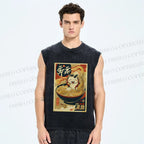 Unisex Ramen Cat Printed Washed Tank Top