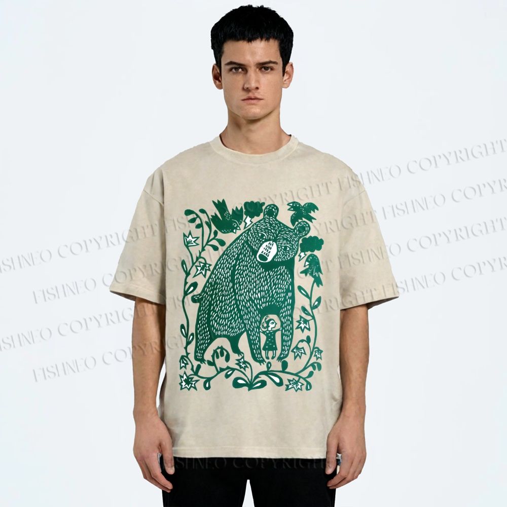 Unisex Bear and Little Girl Printed Washed Tee