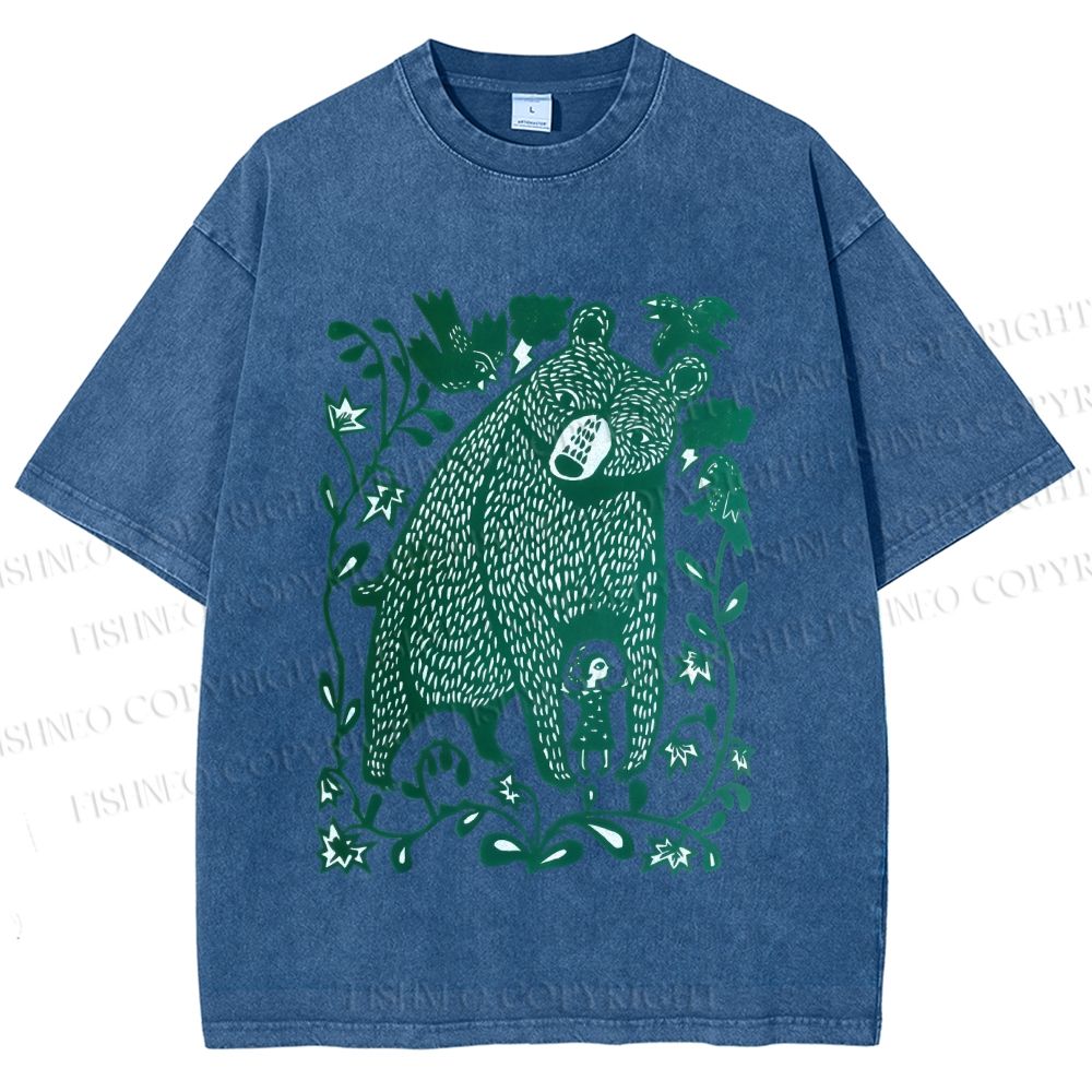 Unisex Bear and Little Girl Printed Washed Tee