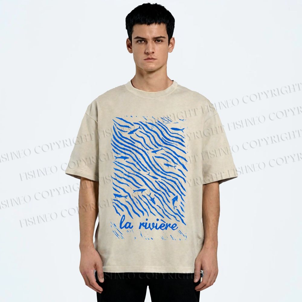 Unisex Sea Wave Fish Printed Washed Tee