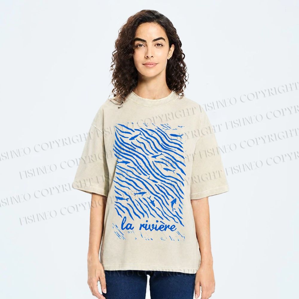 Unisex Sea Wave Fish Printed Washed Tee