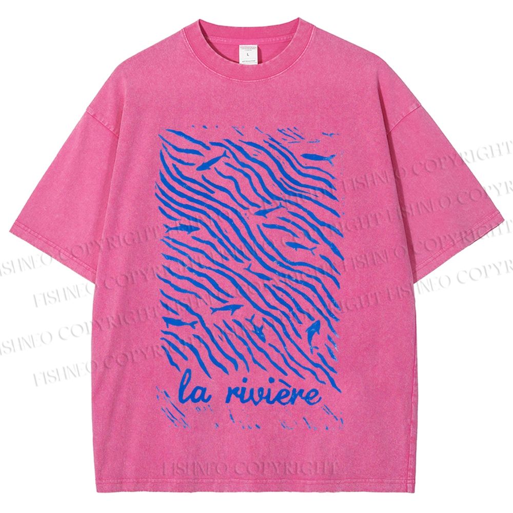 Unisex Sea Wave Fish Printed Washed Tee