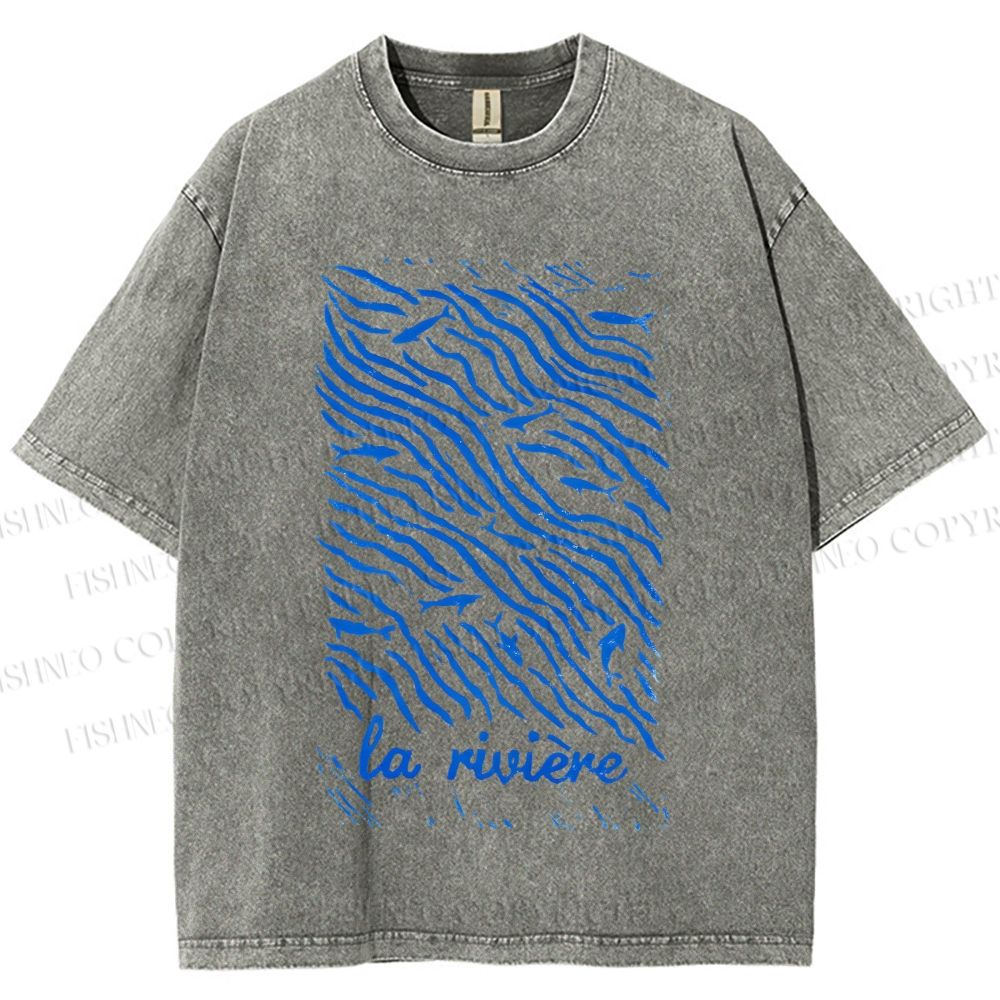 Unisex Sea Wave Fish Printed Washed Tee