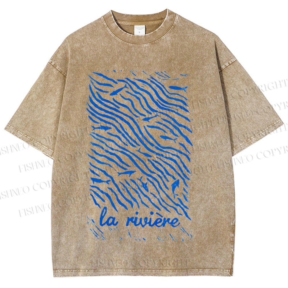Unisex Sea Wave Fish Printed Washed Tee