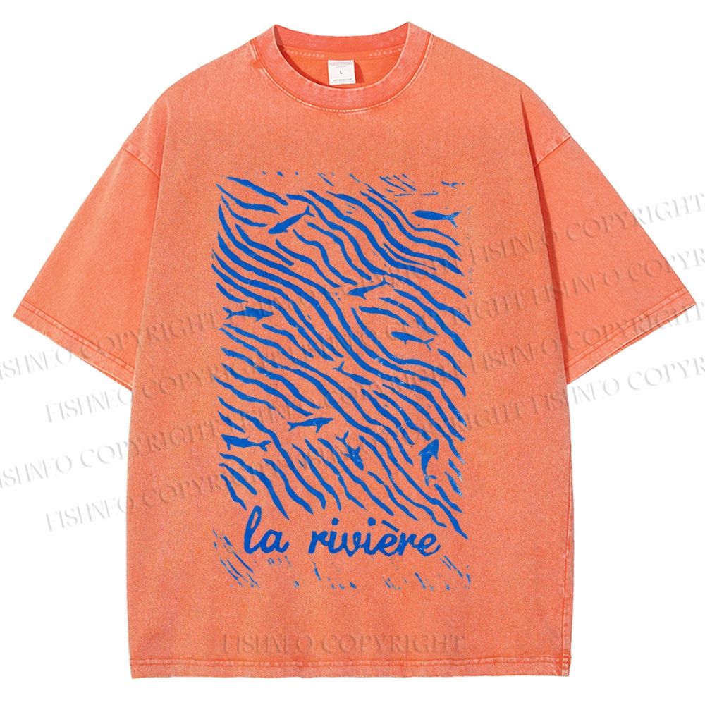 Unisex Sea Wave Fish Printed Washed Tee