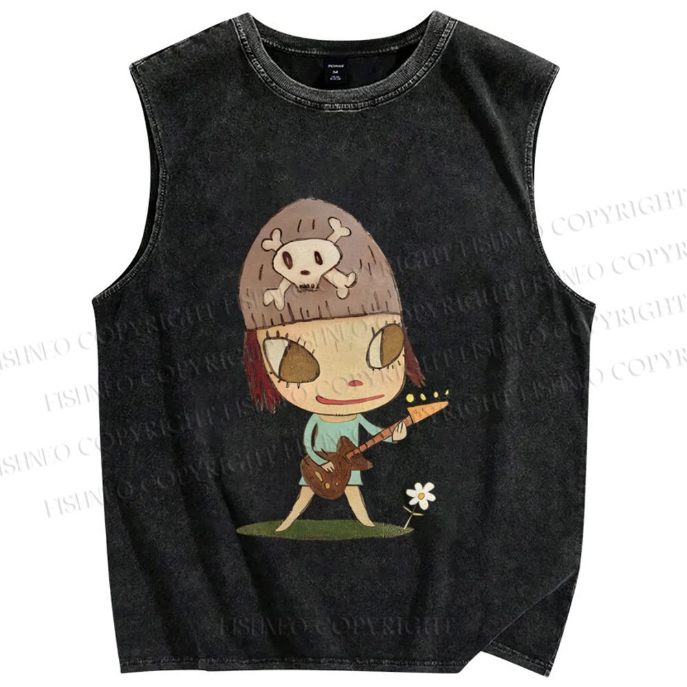 Unisex Yoshitomo Nara Guitar Printed Washed Tank Top