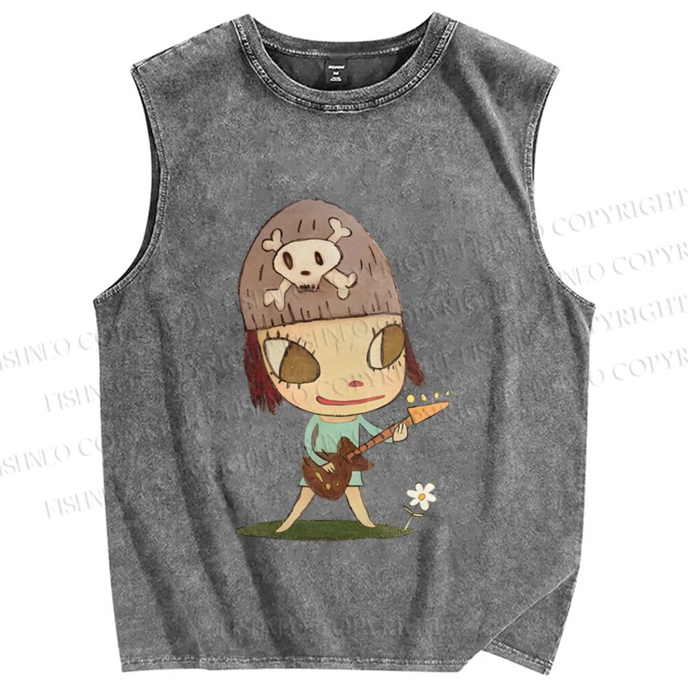 Unisex Yoshitomo Nara Guitar Printed Washed Tank Top