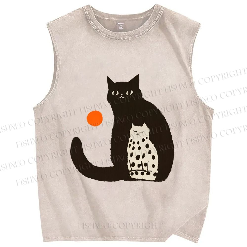 Unisex Cat Printed Washed Tank Top
