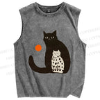 Unisex Cat Printed Washed Tank Top