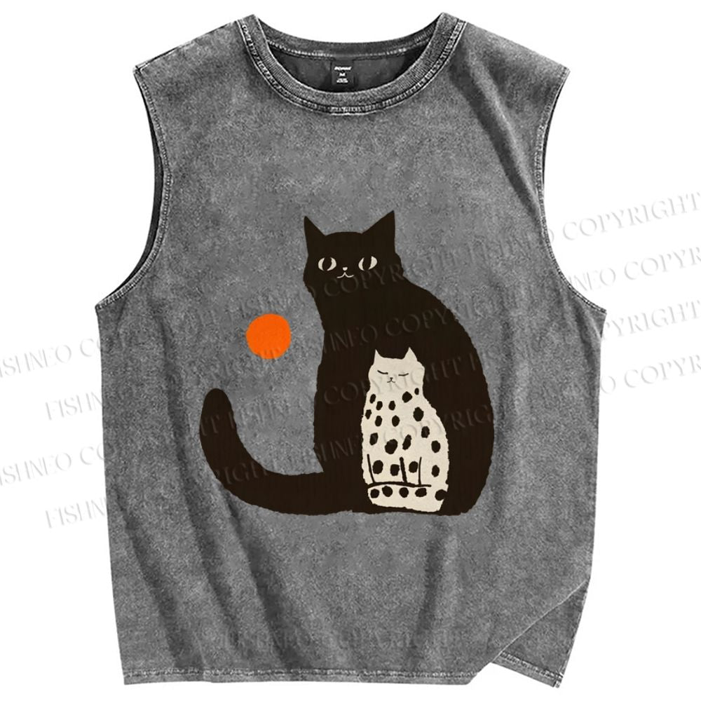 Unisex Cat Printed Washed Tank Top