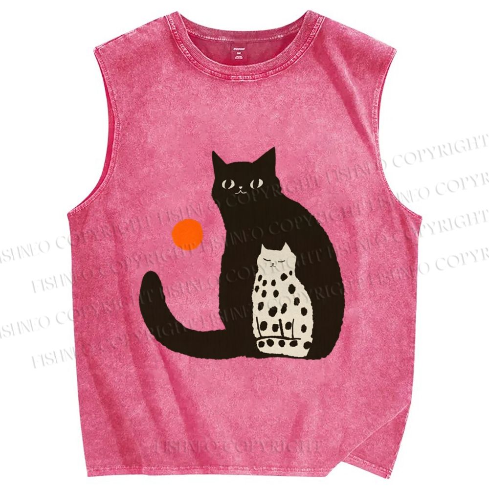 Unisex Cat Printed Washed Tank Top