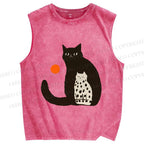 Unisex Cat Printed Washed Tank Top