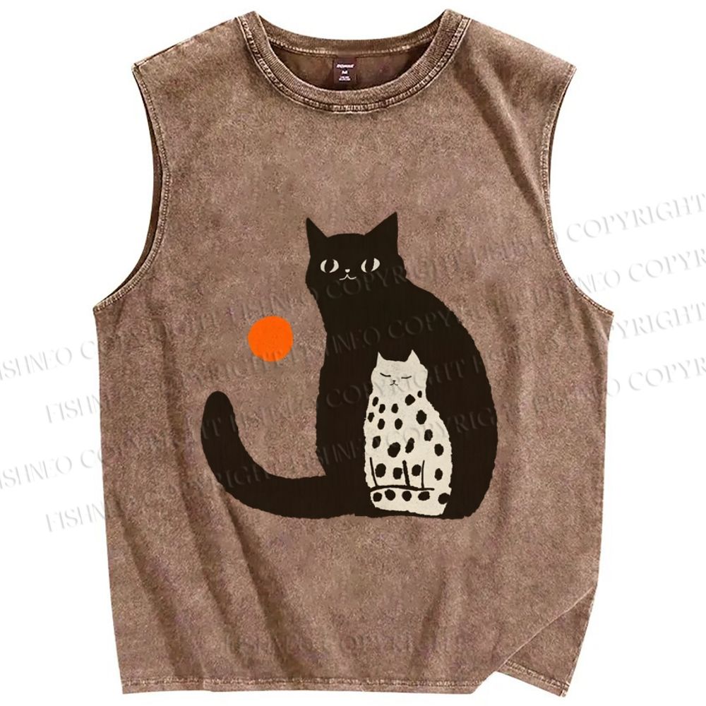 Unisex Cat Printed Washed Tank Top