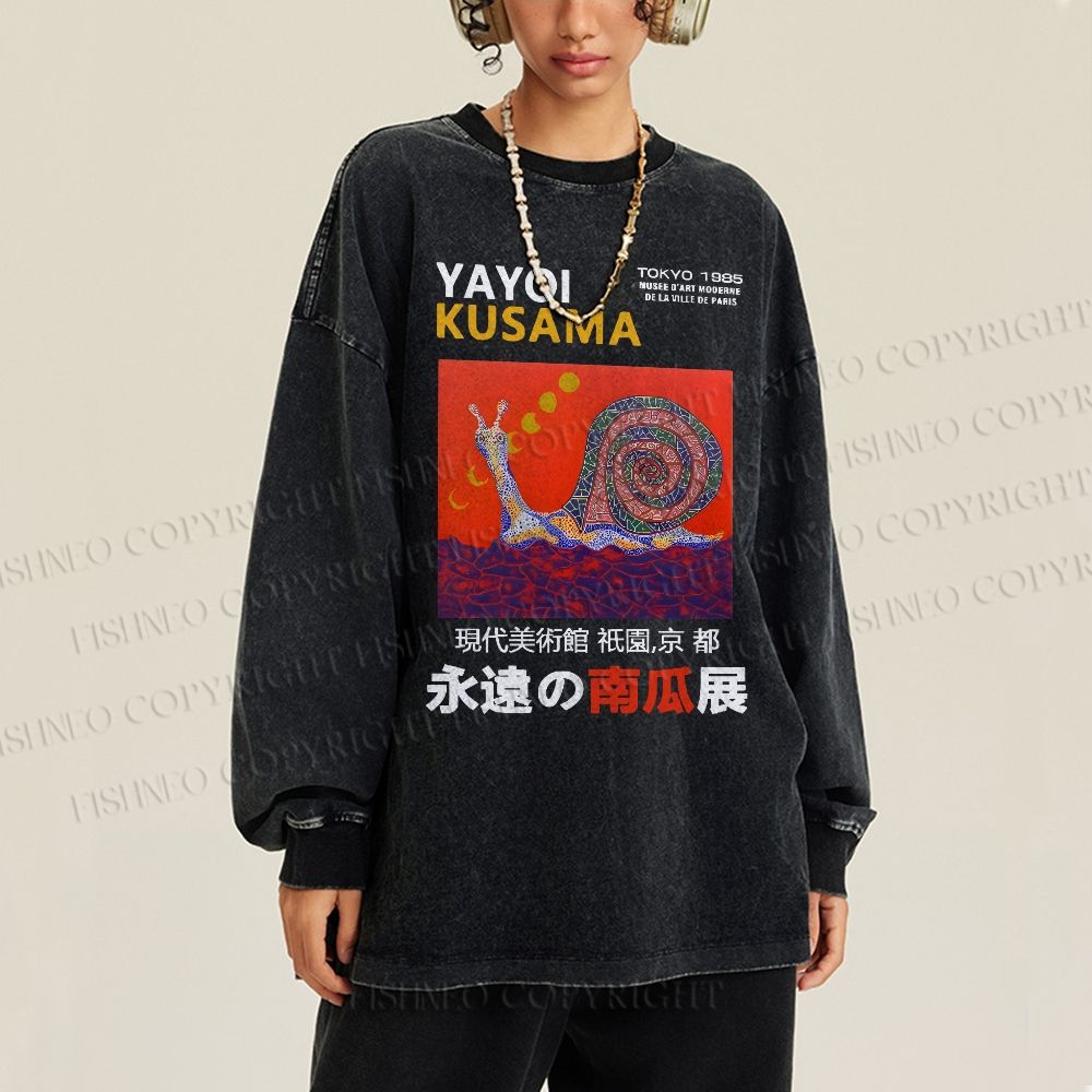 Unisex Casual Washed Japanese Yayoi Kusama Snail Printed Long Sleeve T-shirt