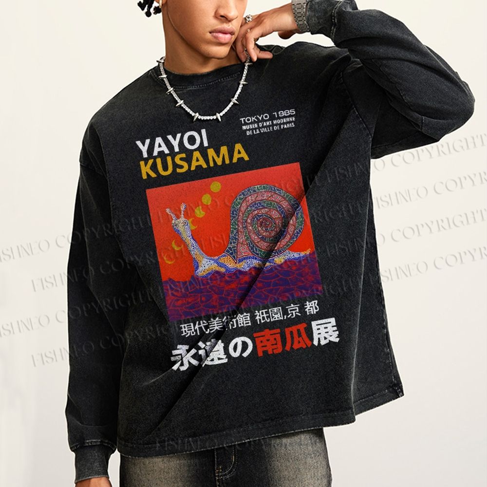 Unisex Casual Washed Japanese Yayoi Kusama Snail Printed Long Sleeve T-shirt