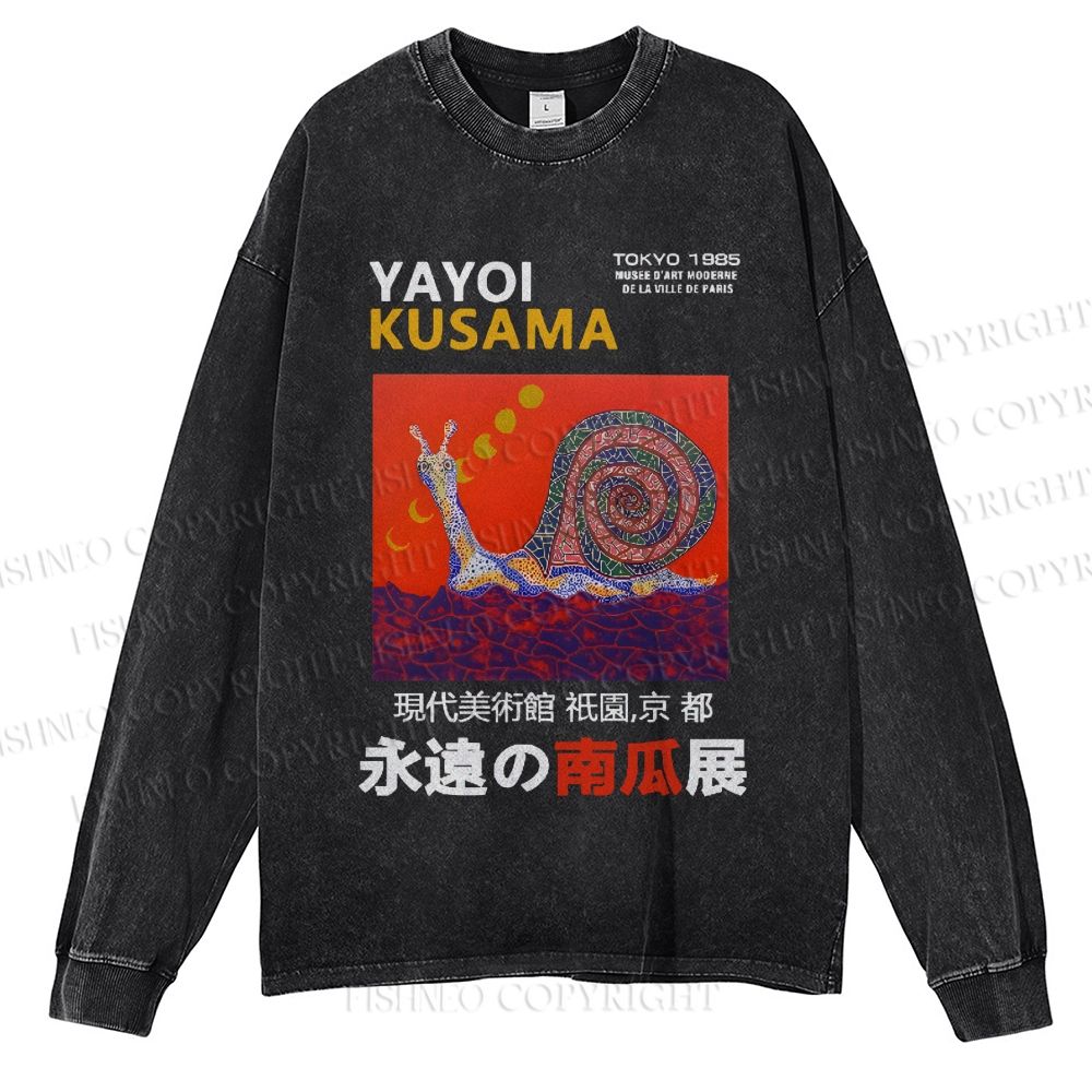 Unisex Casual Washed Japanese Yayoi Kusama Snail Printed Long Sleeve T-shirt