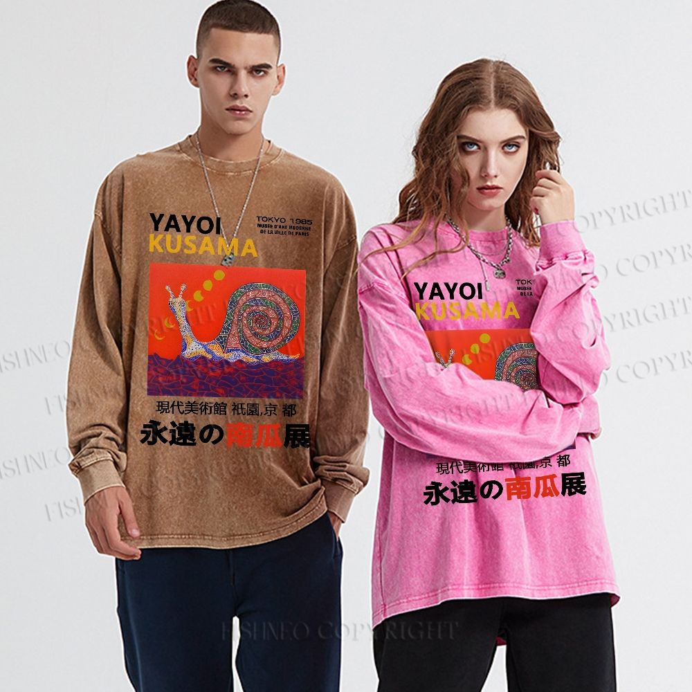 Unisex Casual Washed Japanese Yayoi Kusama Snail Printed Long Sleeve T-shirt
