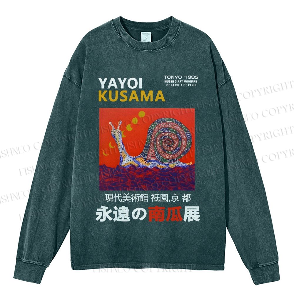 Unisex Casual Washed Japanese Yayoi Kusama Snail Printed Long Sleeve T-shirt