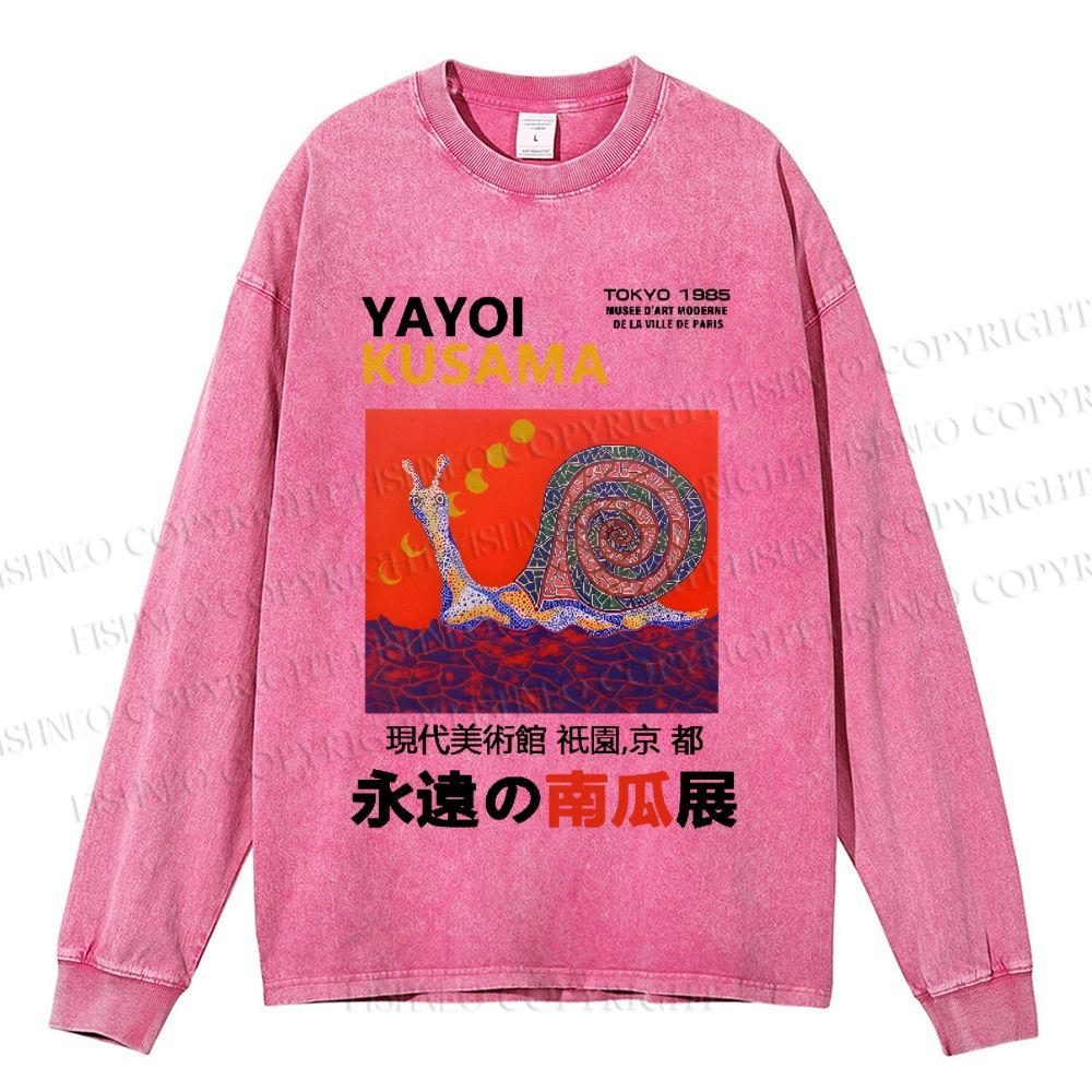 Unisex Casual Washed Japanese Yayoi Kusama Snail Printed Long Sleeve T-shirt