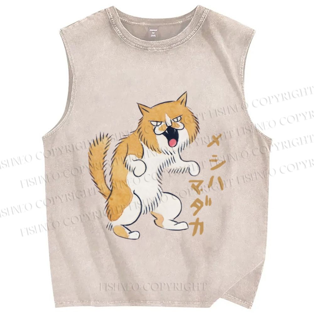 Unisex Japanese Weird Funny Cat Printed Washed Tank Top