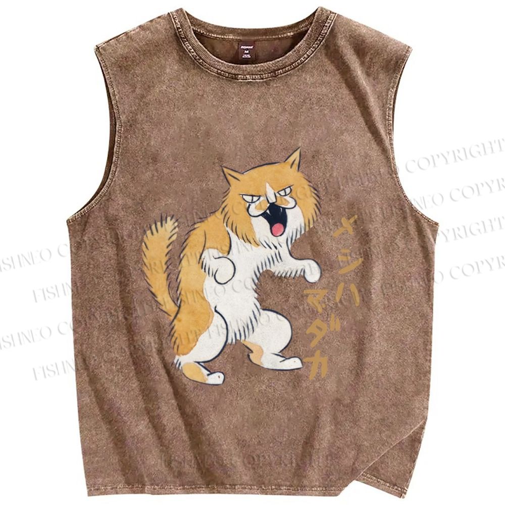 Unisex Japanese Weird Funny Cat Printed Washed Tank Top