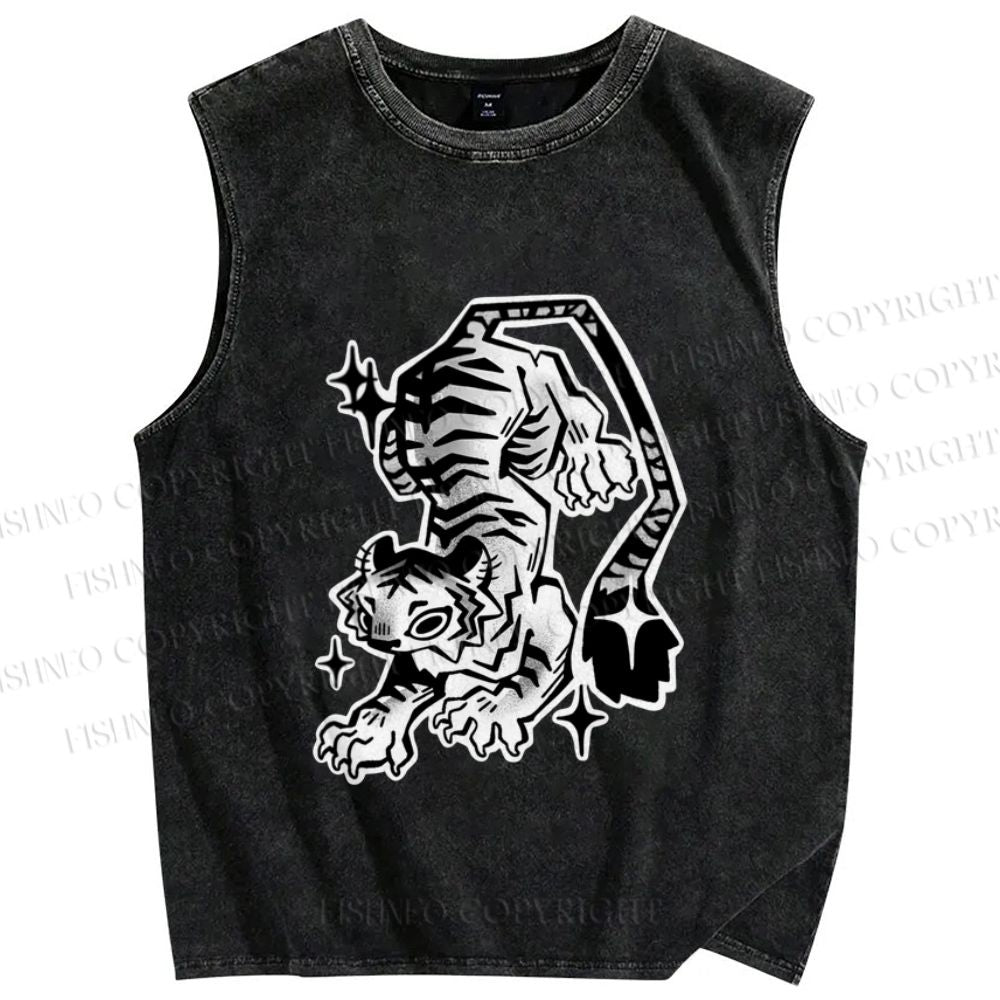 Unisex Shining Tiger Printed Washed Tank Top