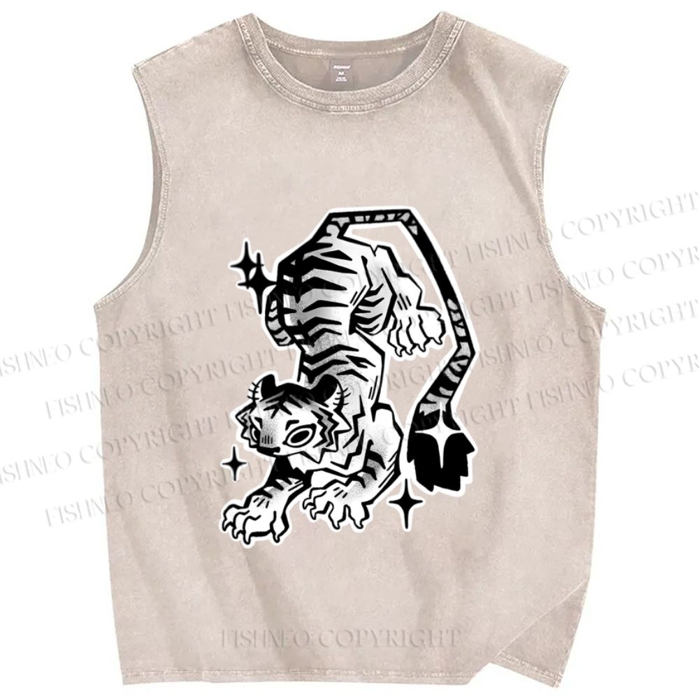 Unisex Shining Tiger Printed Washed Tank Top