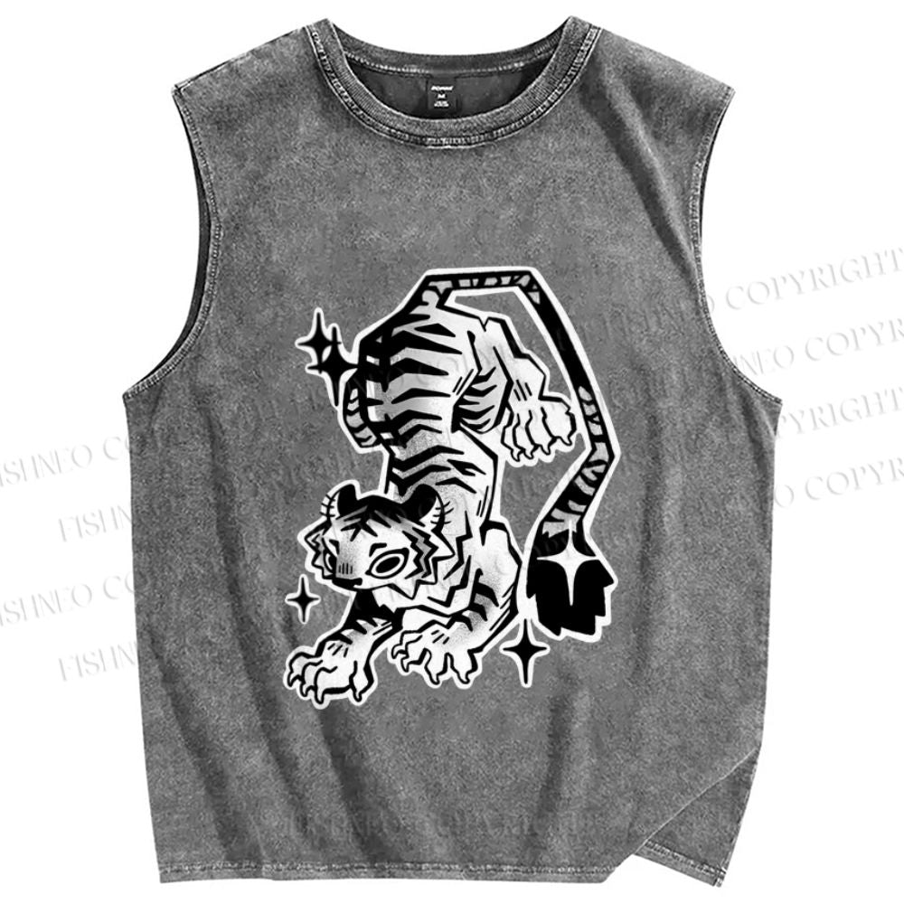 Unisex Shining Tiger Printed Washed Tank Top