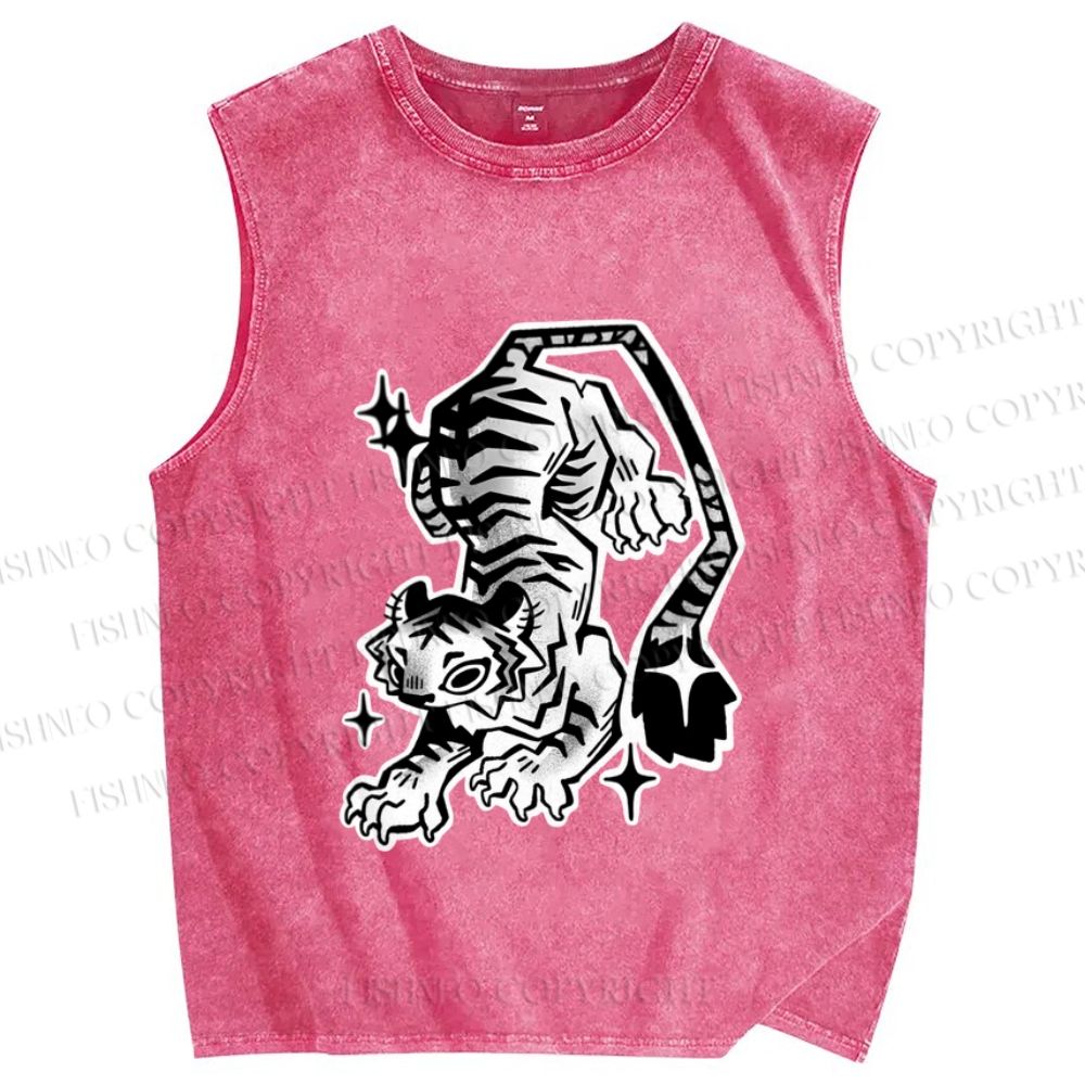 Unisex Shining Tiger Printed Washed Tank Top