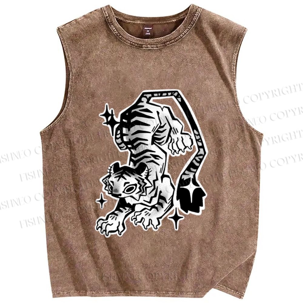 Unisex Shining Tiger Printed Washed Tank Top