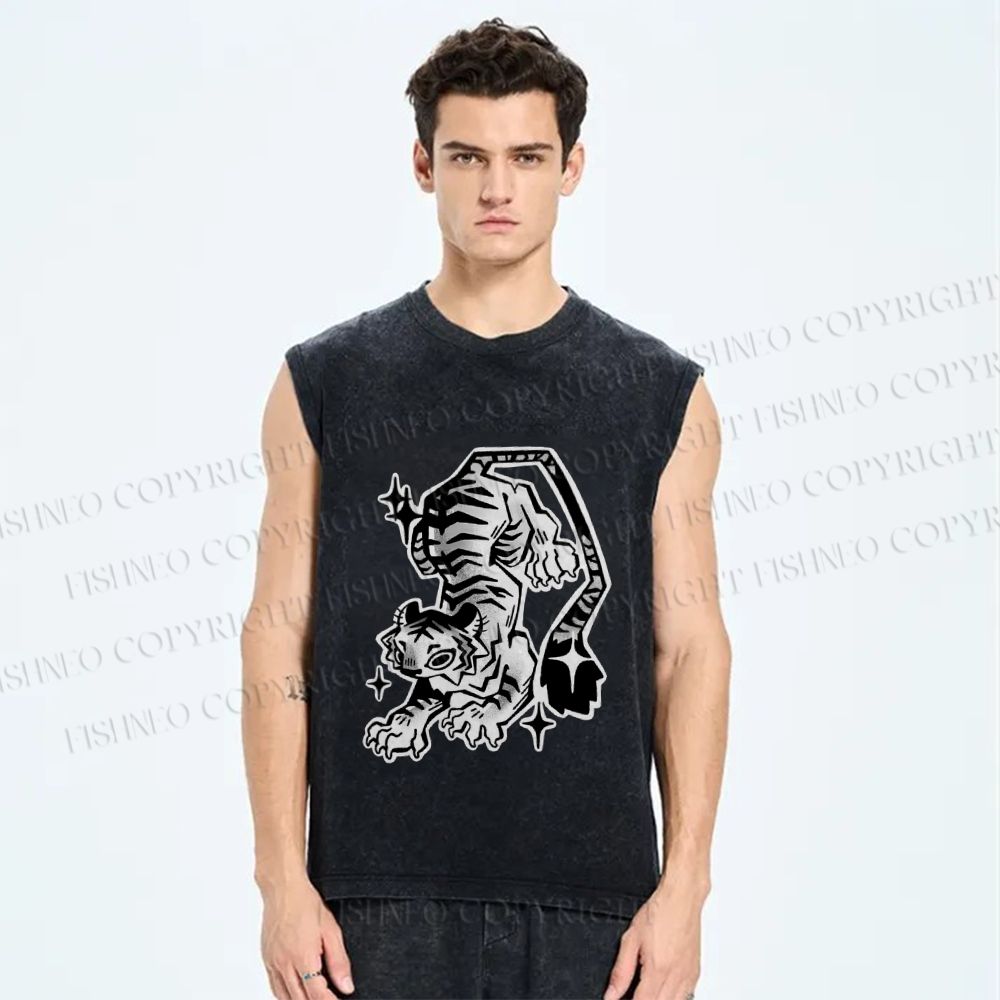 Unisex Shining Tiger Printed Washed Tank Top