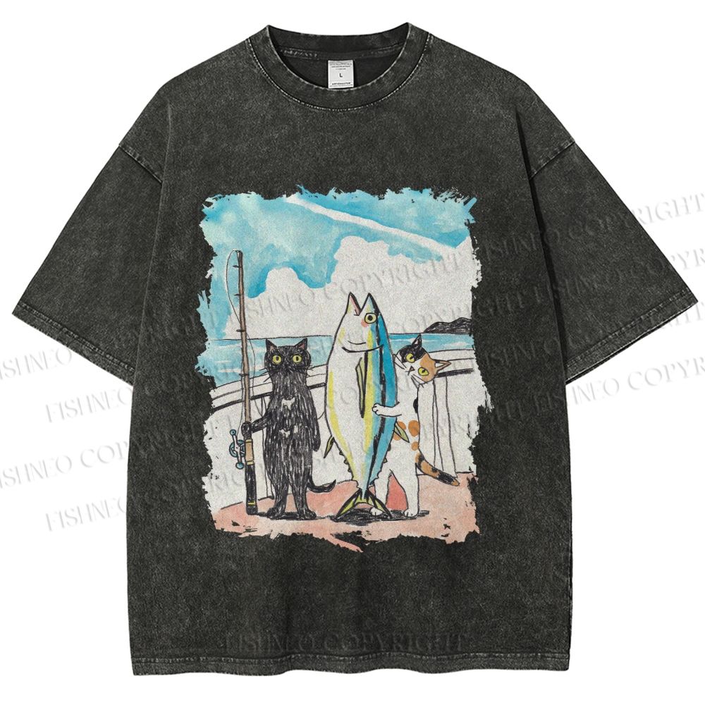 Unisex Cats Go Fishing Printed Washed Tee