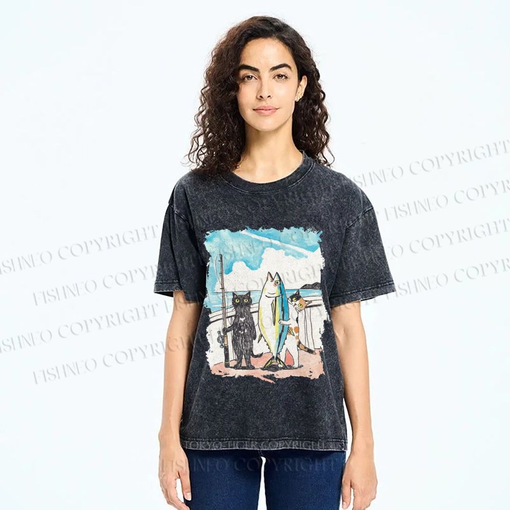 Unisex Cats Go Fishing Printed Washed Tee