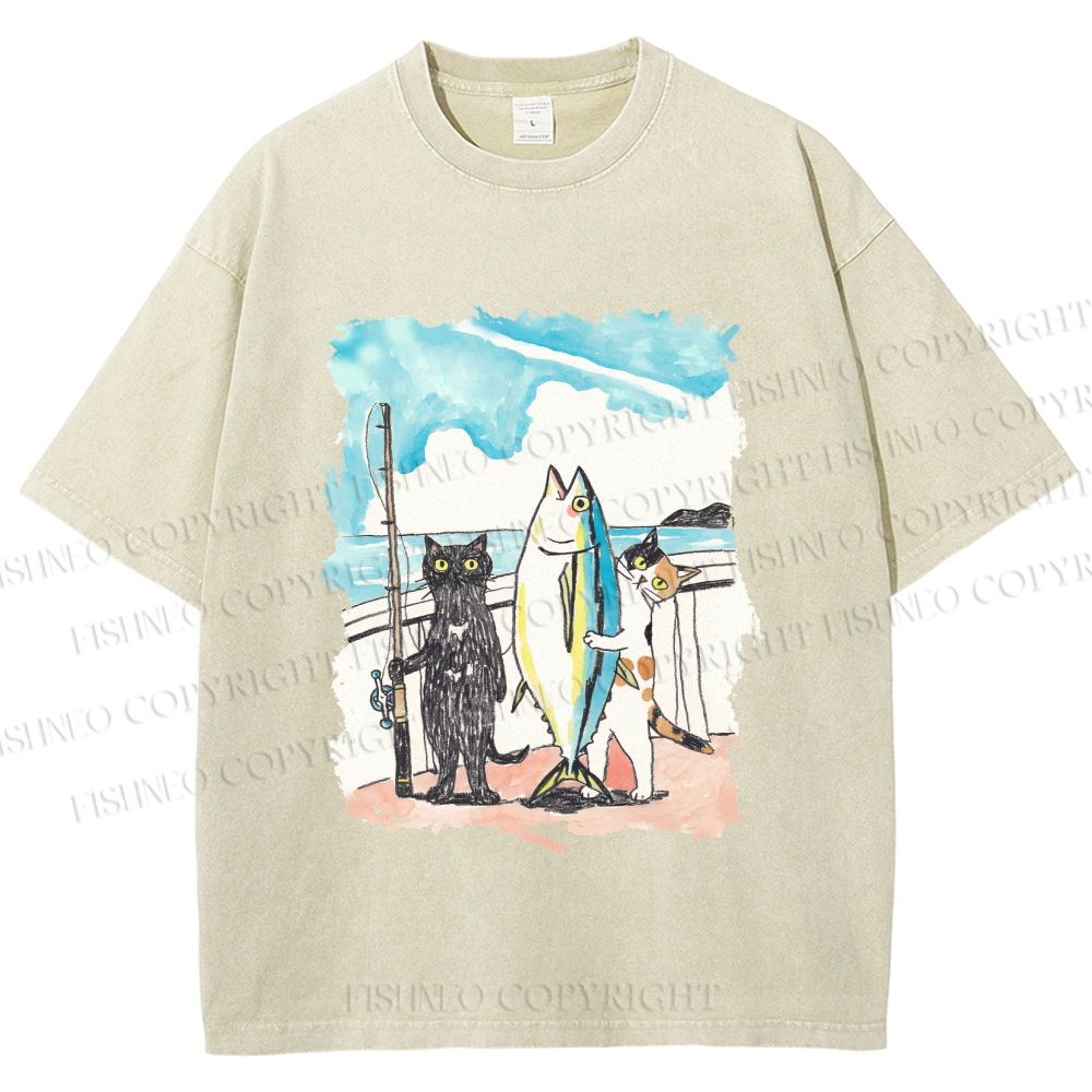 Unisex Cats Go Fishing Printed Washed Tee