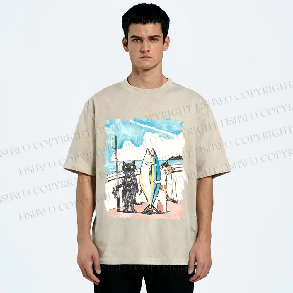 Unisex Cats Go Fishing Printed Washed Tee