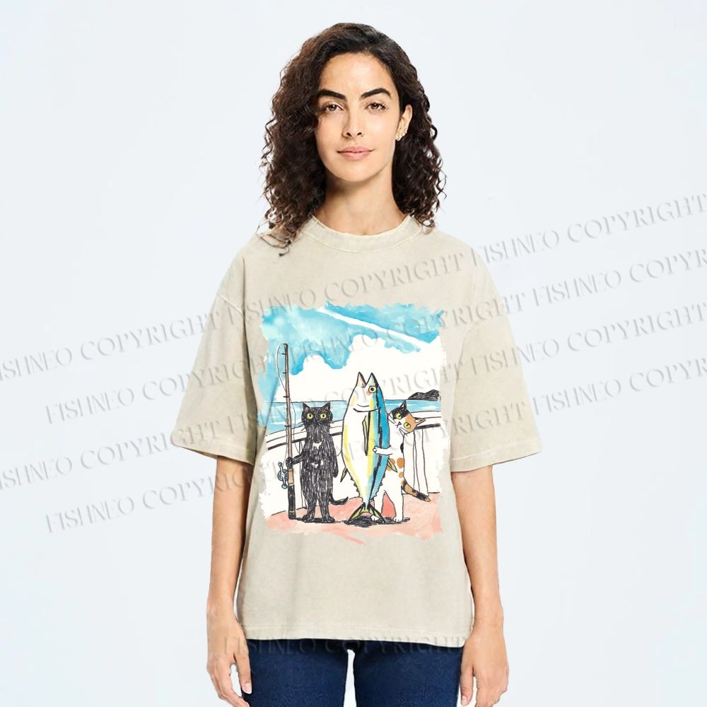 Unisex Cats Go Fishing Printed Washed Tee