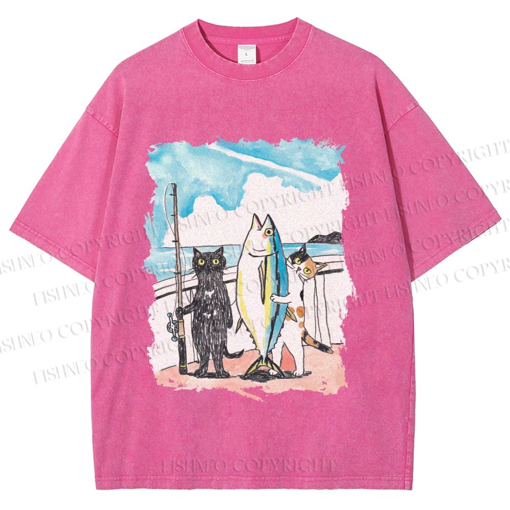 Unisex Cats Go Fishing Printed Washed Tee