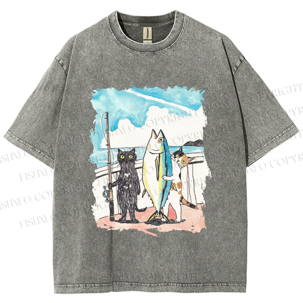 Unisex Cats Go Fishing Printed Washed Tee