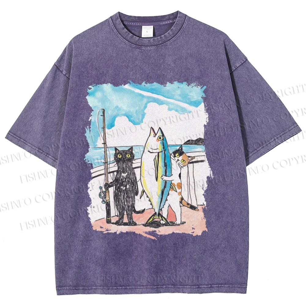 Unisex Cats Go Fishing Printed Washed Tee