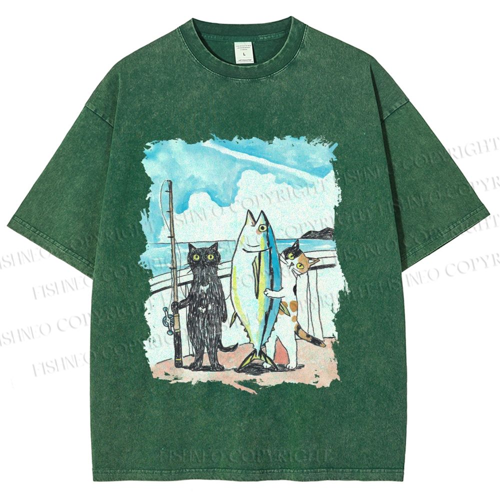 Unisex Cats Go Fishing Printed Washed Tee