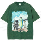 Unisex Cats Go Fishing Printed Washed Tee